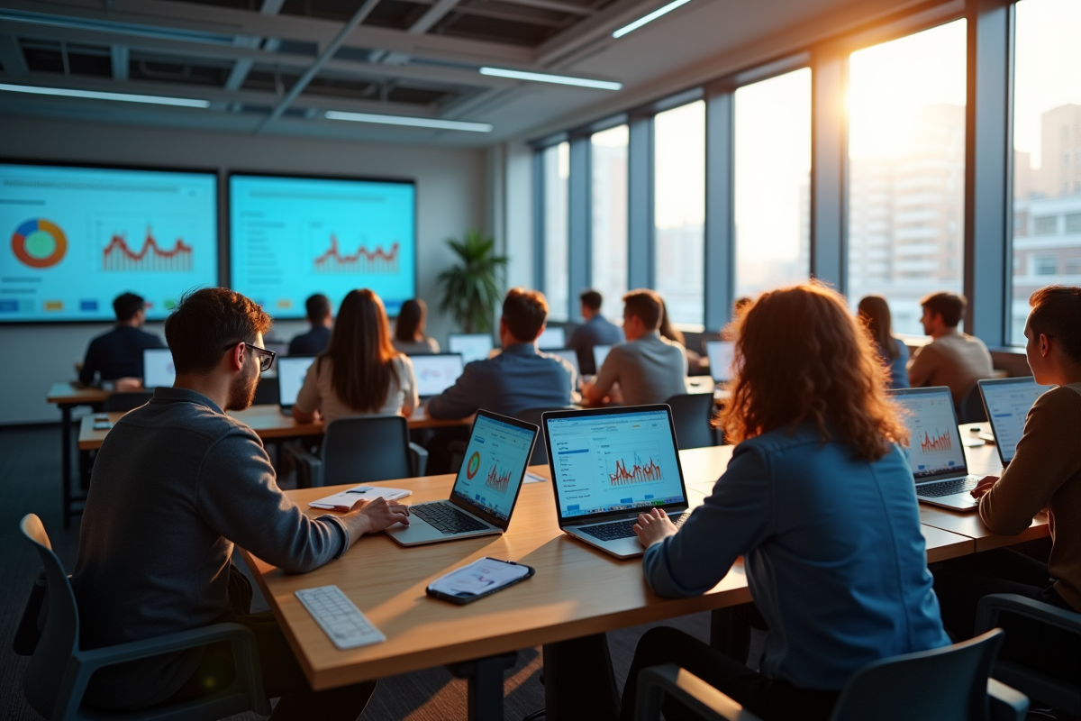 Groupe de jeunes en classe moderne travaillant sur laptops avec R