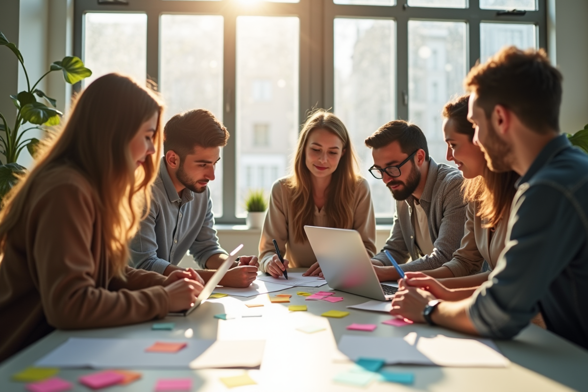 Groupe de jeunes collaborant autour d'une table lumineuse