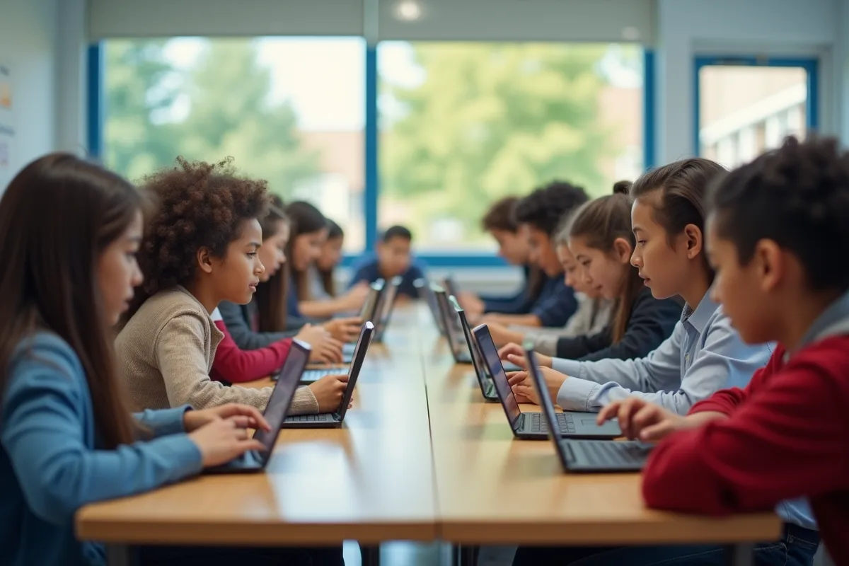 Groupe de lycéens utilisant smartphones et ordinateurs portables