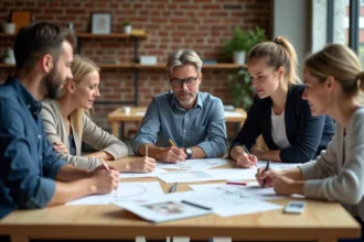 Groupe de professionnels lors d'un atelier de design collaboratif