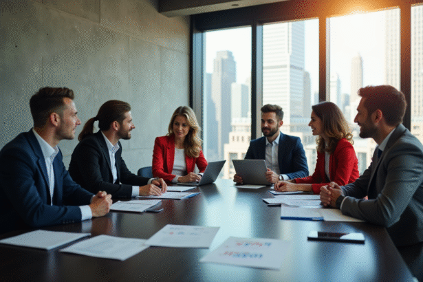 Groupe de professionnels en réunion dans un bureau lumineux