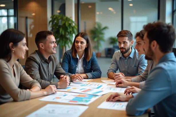 Groupe de professionnels autour d'une table en réunion