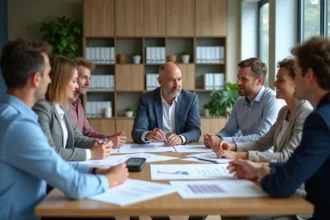 Groupe d'adultes en réunion d'affaires dans un bureau moderne