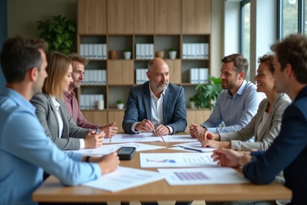 Groupe d'adultes en réunion d'affaires dans un bureau moderne