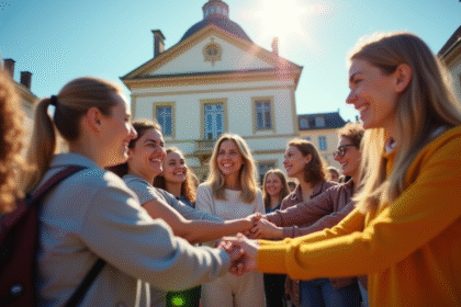 Groupe divers de personnes unies devant une mairie en France