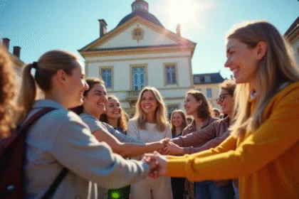 Groupe divers de personnes unies devant une mairie en France