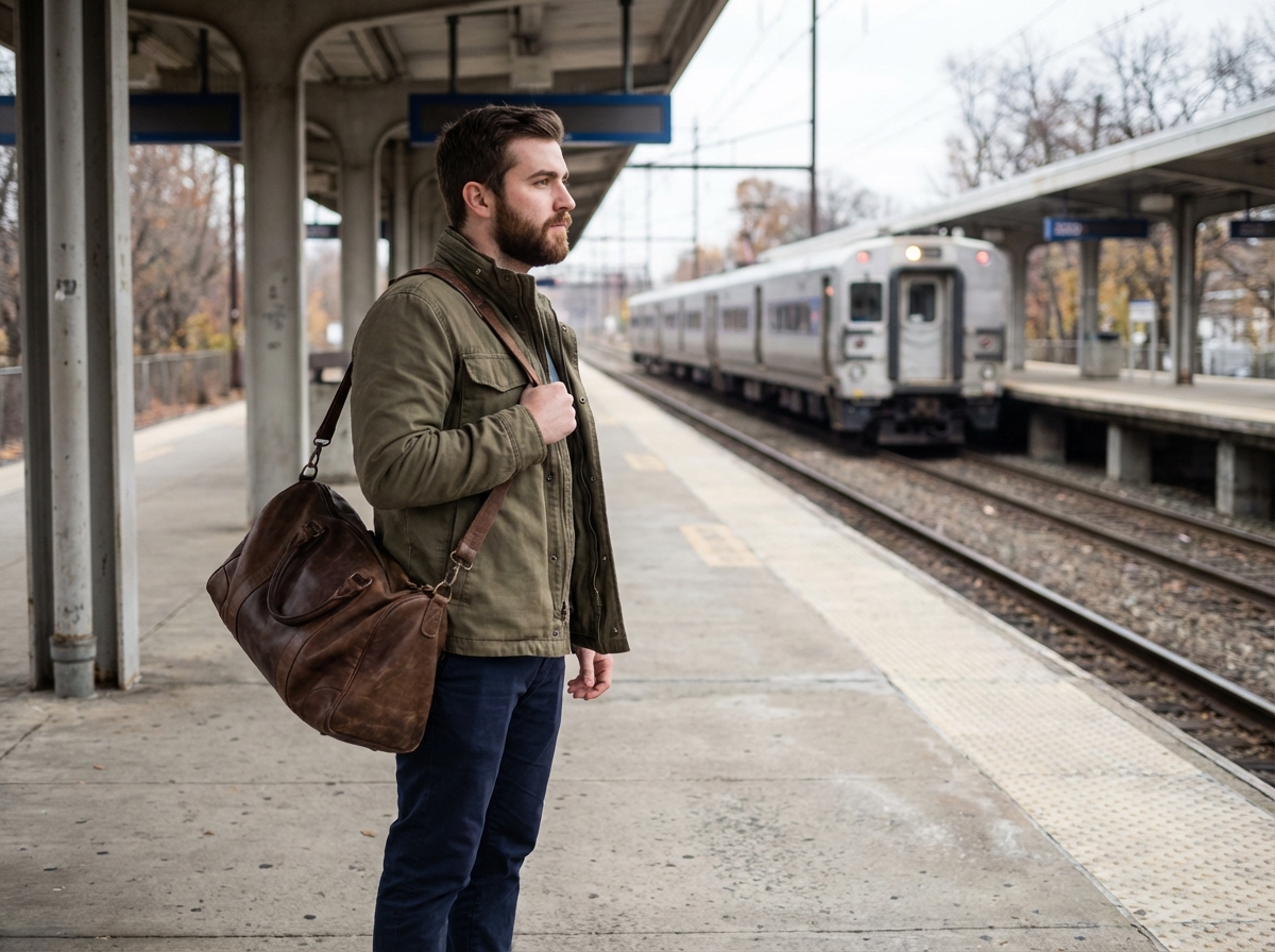 Jeune homme attendant un train sur une plateforme