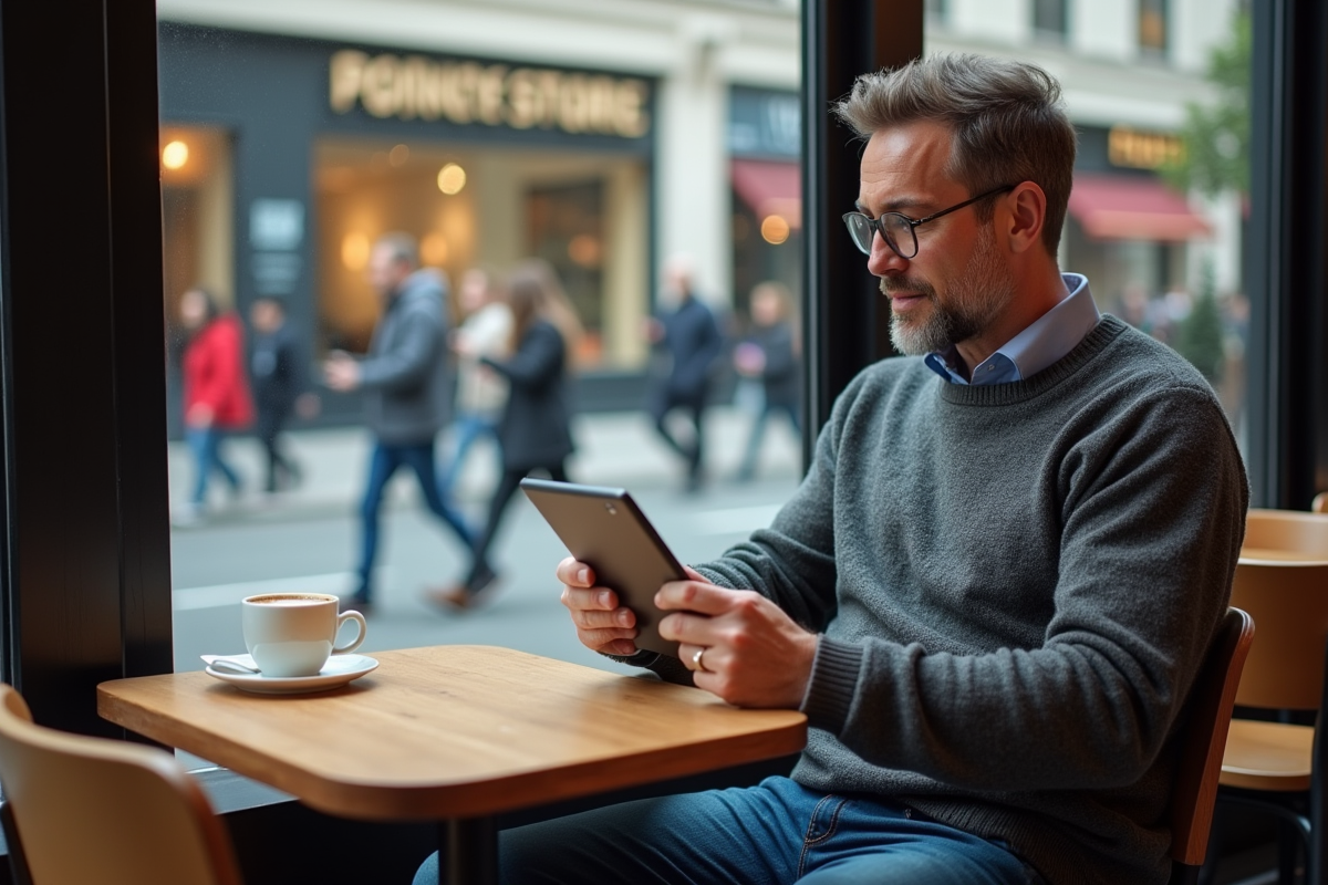 Homme réfléchissant avec une liste de professions au café