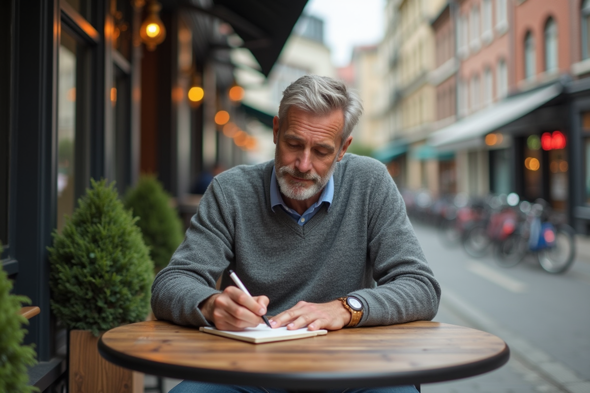 Homme écrivant des phrases publicitaires en extérieur