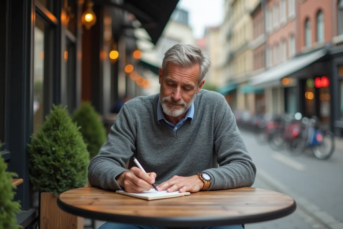 Homme écrivant des phrases publicitaires en extérieur