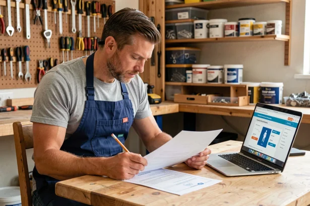 Homme en tablier de bricolage consultant des documents de certification sur une table d'atelier avec un ordinateur portable