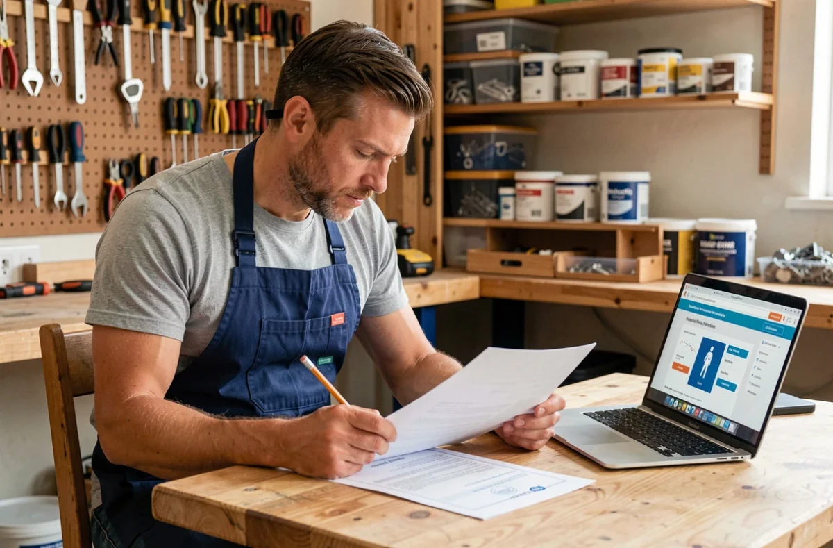 Homme en tablier de bricolage consultant des documents de certification sur une table d'atelier avec un ordinateur portable