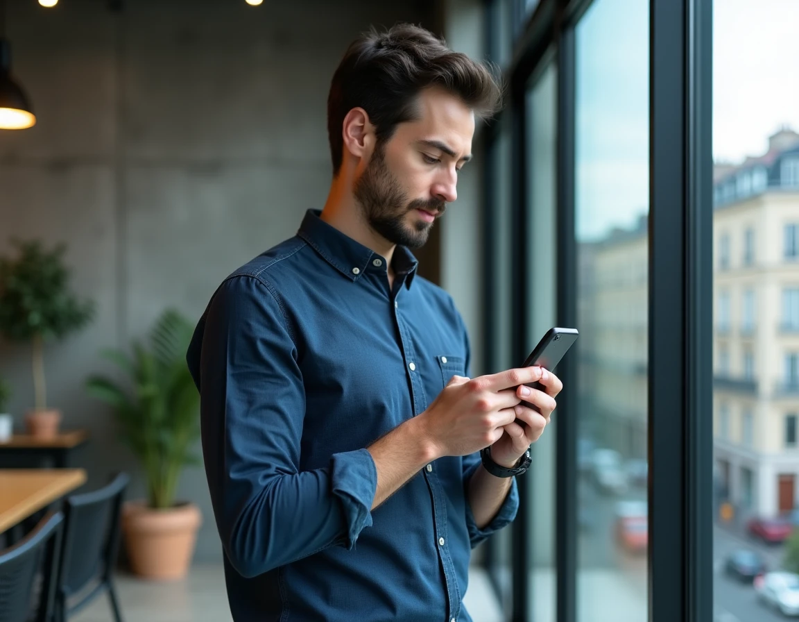 Homme consultant le portail Cyclades pour la gestion de concours sur son téléphone mobile en espace de coworking