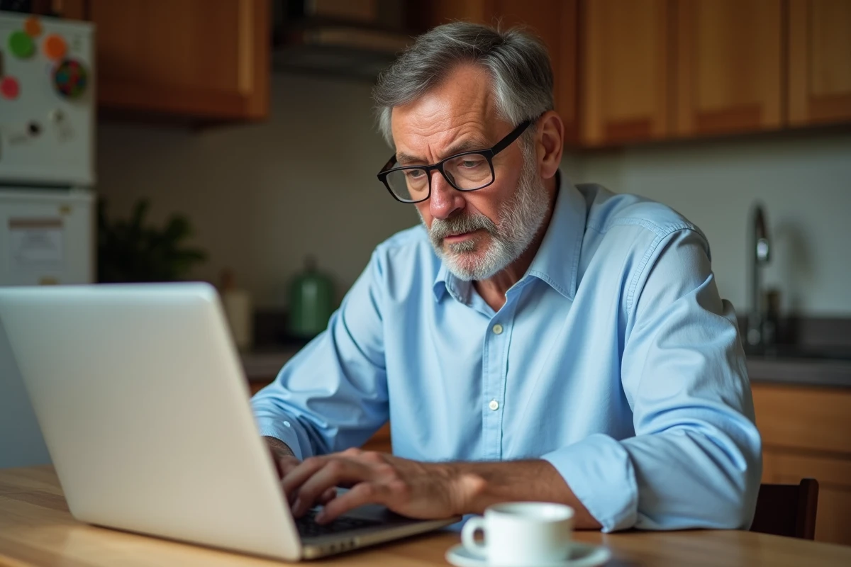 Homme d age moyen travaillant sur son ordinateur à la maison