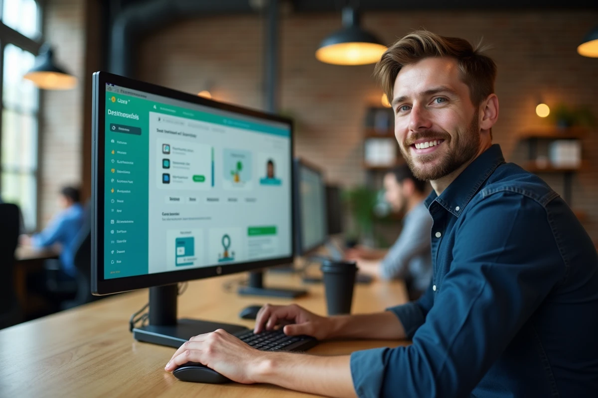Homme débutant une formation Canva CPF dans un espace de coworking avec un grand écran de cours en ligne