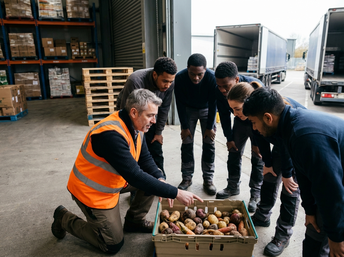 Homme montrant la sélection de légumes à des stagiaires