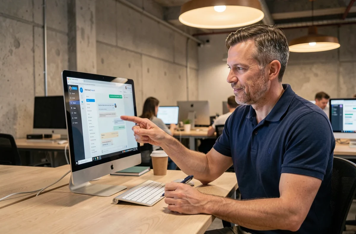Homme consultant la messagerie Moodle GRETA sur un ordinateur de bureau dans un espace de coworking pour joindre un formateur