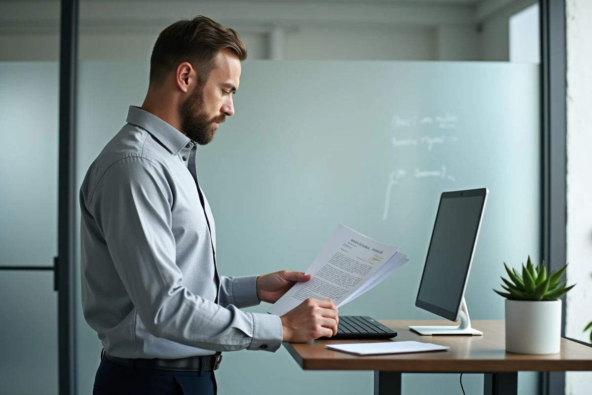 Homme professionnel relisant une lettre de recommandation imprimée dans un bureau minimaliste