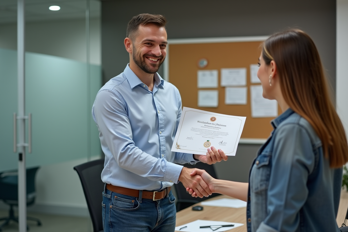 Homme fiere recevant un certificat dans un bureau moderne
