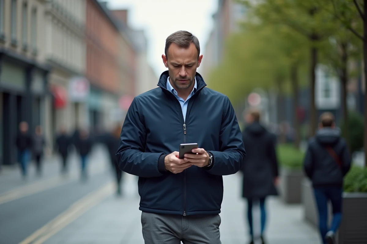 Homme debout dans la rue consultant ses résultats sur l'application mobile Cuyclade