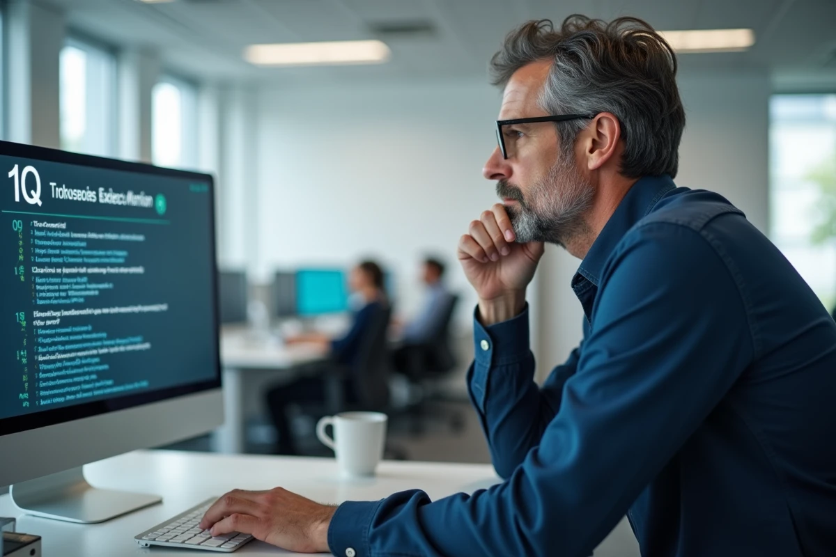 Homme adulte réfléchi passant un test de QI complet sur un grand écran de bureau dans un bureau moderne