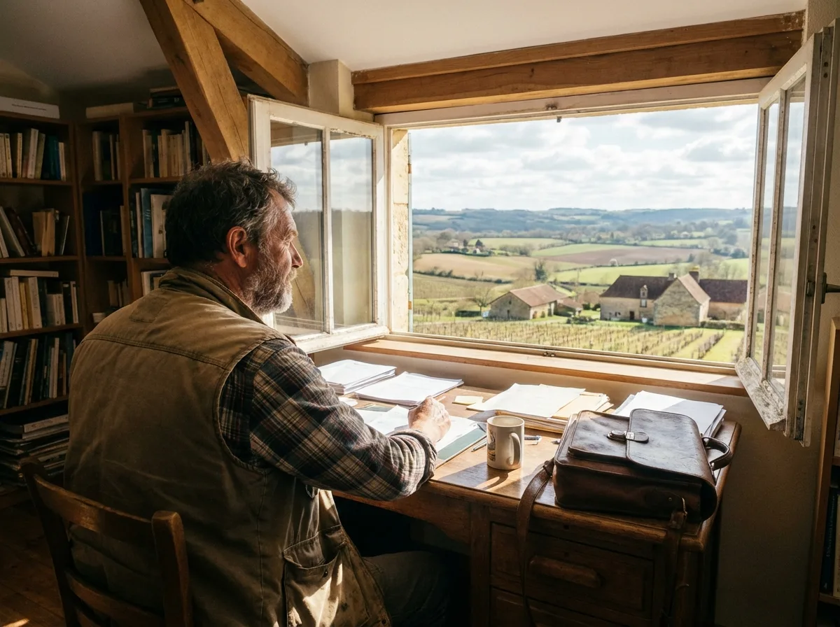 Homme en tenue de travail dans un bureau avec vue sur la campagne