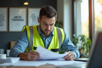 Homme en vestiaire de travail étudie des documents dans un bureau lumineux