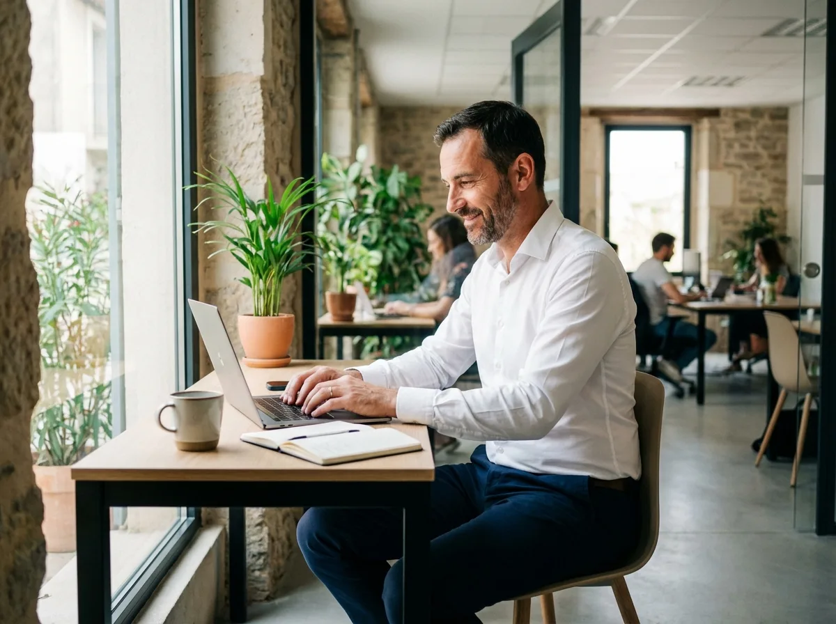 Homme concentré travaillant dans un espace coworking à Manosque