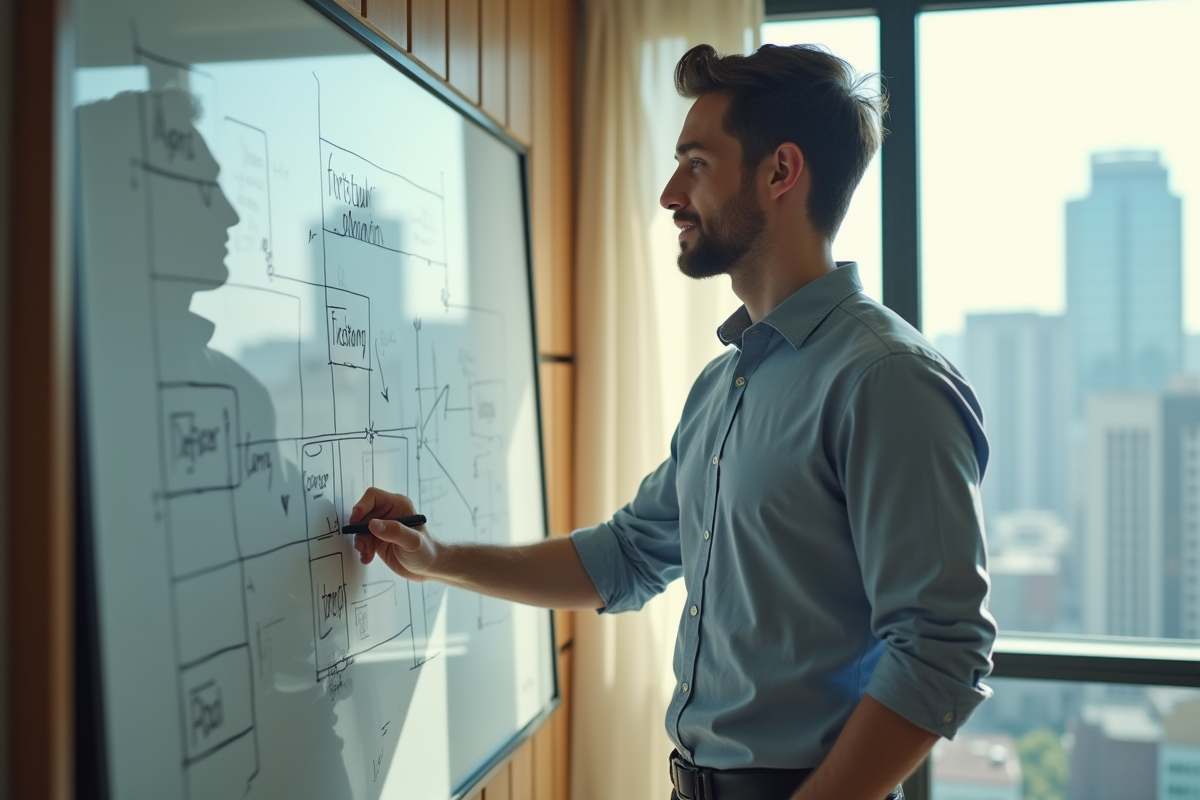 Jeune homme étudiant sa feuille de route de carrière dans un lounge lumineux