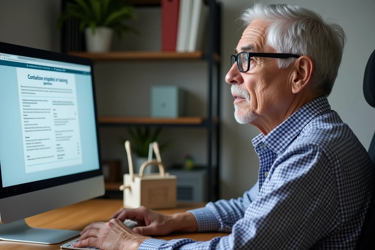 Homme senior consultant une plateforme de formation bricolage CPF sur un ordinateur de bureau dans un bureau à domicile