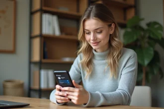 Jeune femme installant l'application Comptalia sur smartphone Android depuis son bureau à domicile