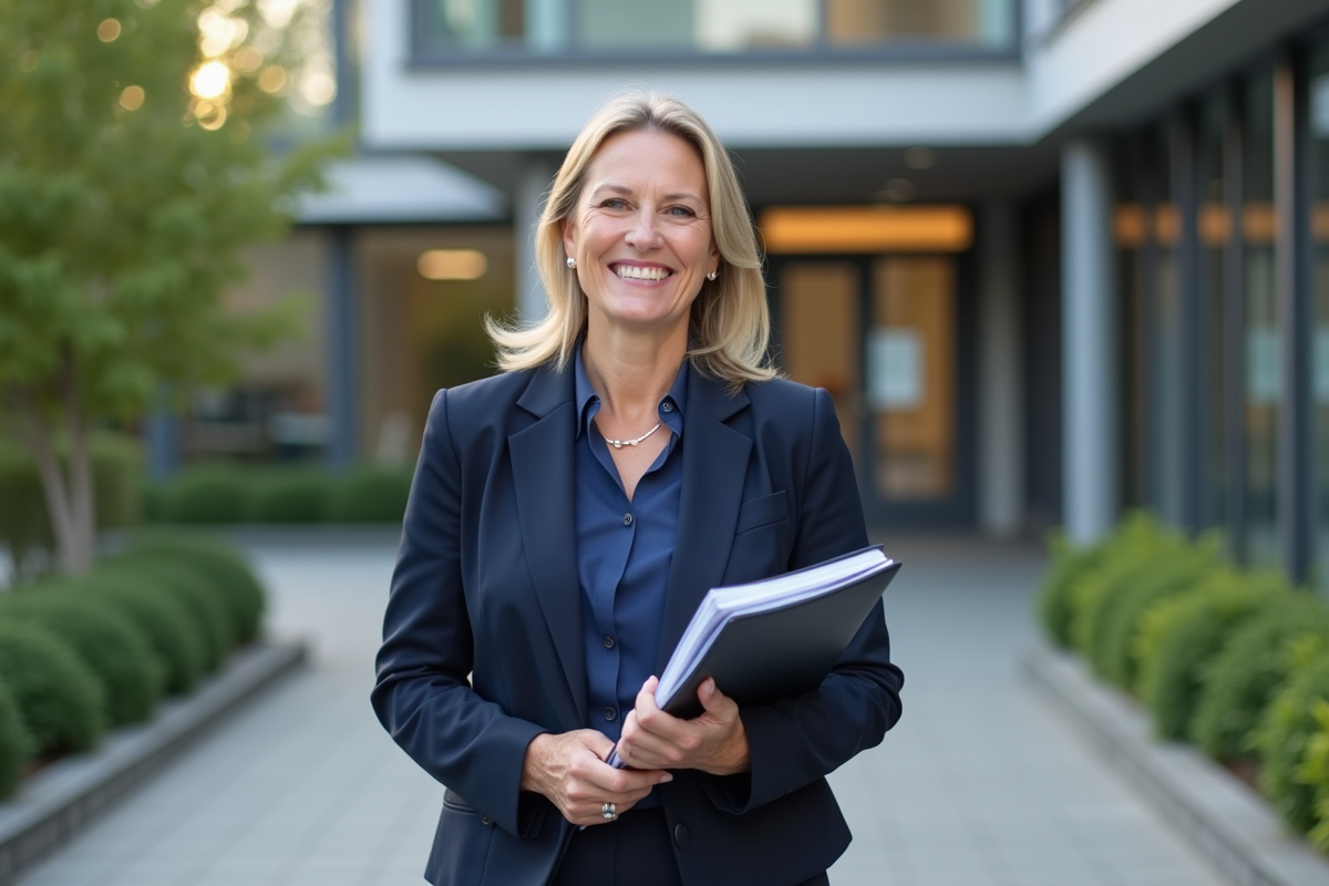 Instructrice souriante devant centre de formation
