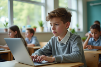 Jeune adolescent concentré sur son ordinateur en classe moderne