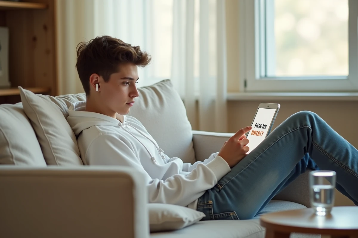 Jeune adulte détendu répondant à un test de QI rapide sur une tablette allongé sur un canapé à la maison