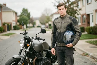 Jeune conducteur de moto A2 debout à côté de sa moto dans une rue résidentielle, tenant son casque sous le bras