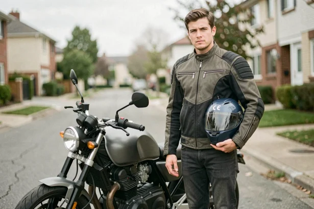Jeune conducteur de moto A2 debout à côté de sa moto dans une rue résidentielle, tenant son casque sous le bras