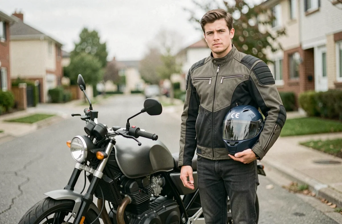 Jeune conducteur de moto A2 debout à côté de sa moto dans une rue résidentielle, tenant son casque sous le bras