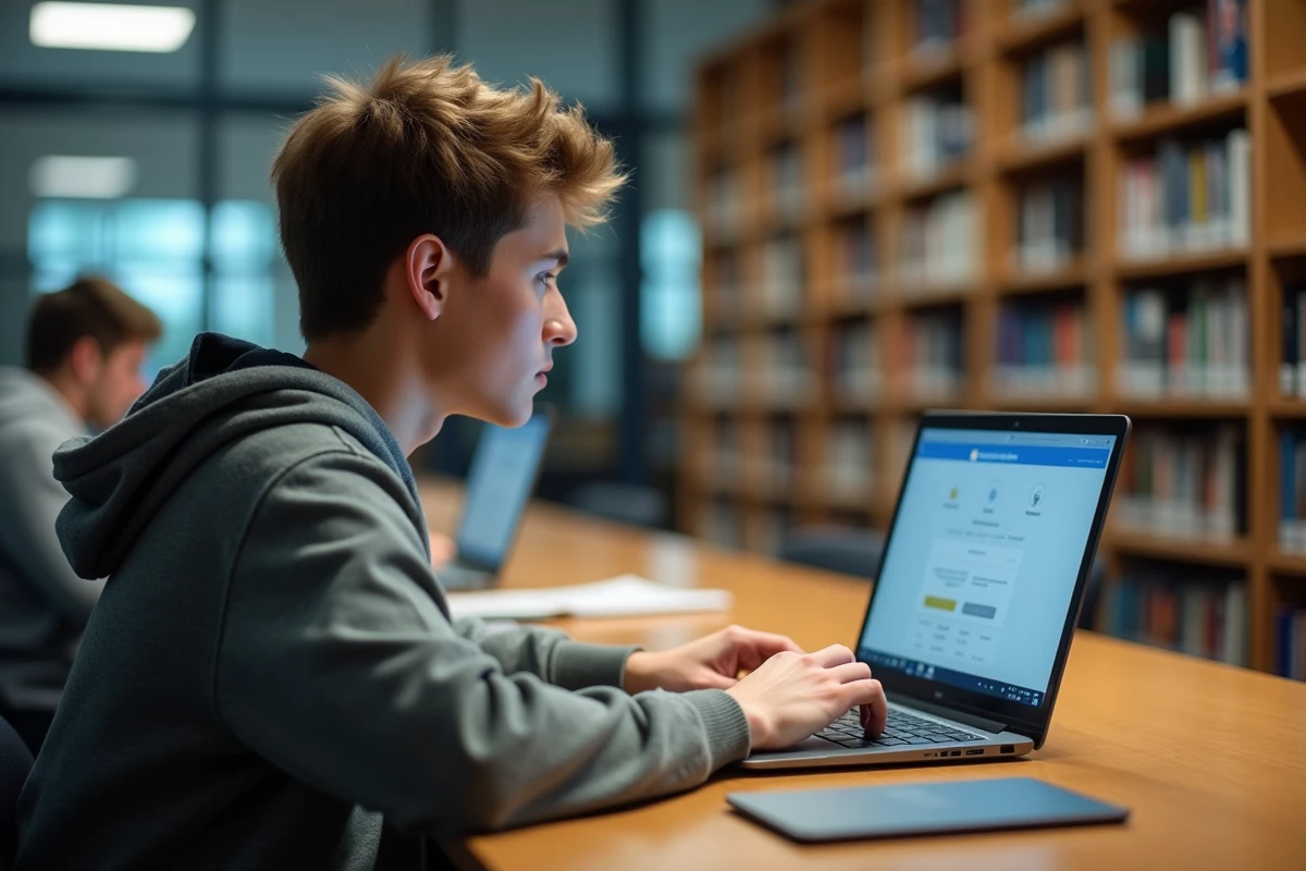 Jeune étudiant concentré sur son ordinateur dans une bibliothèque