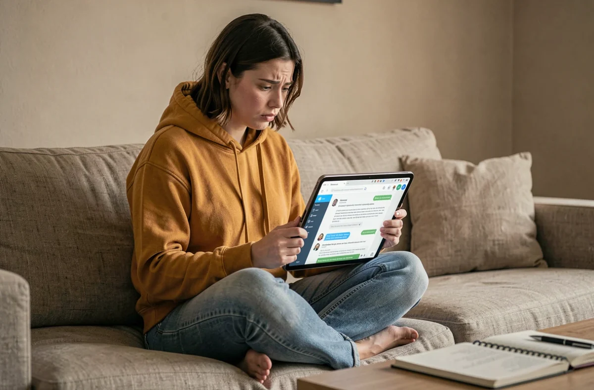 Jeune femme bloquée sur Moodle GRETA consultant les messages de son formateur sur une tablette dans son salon