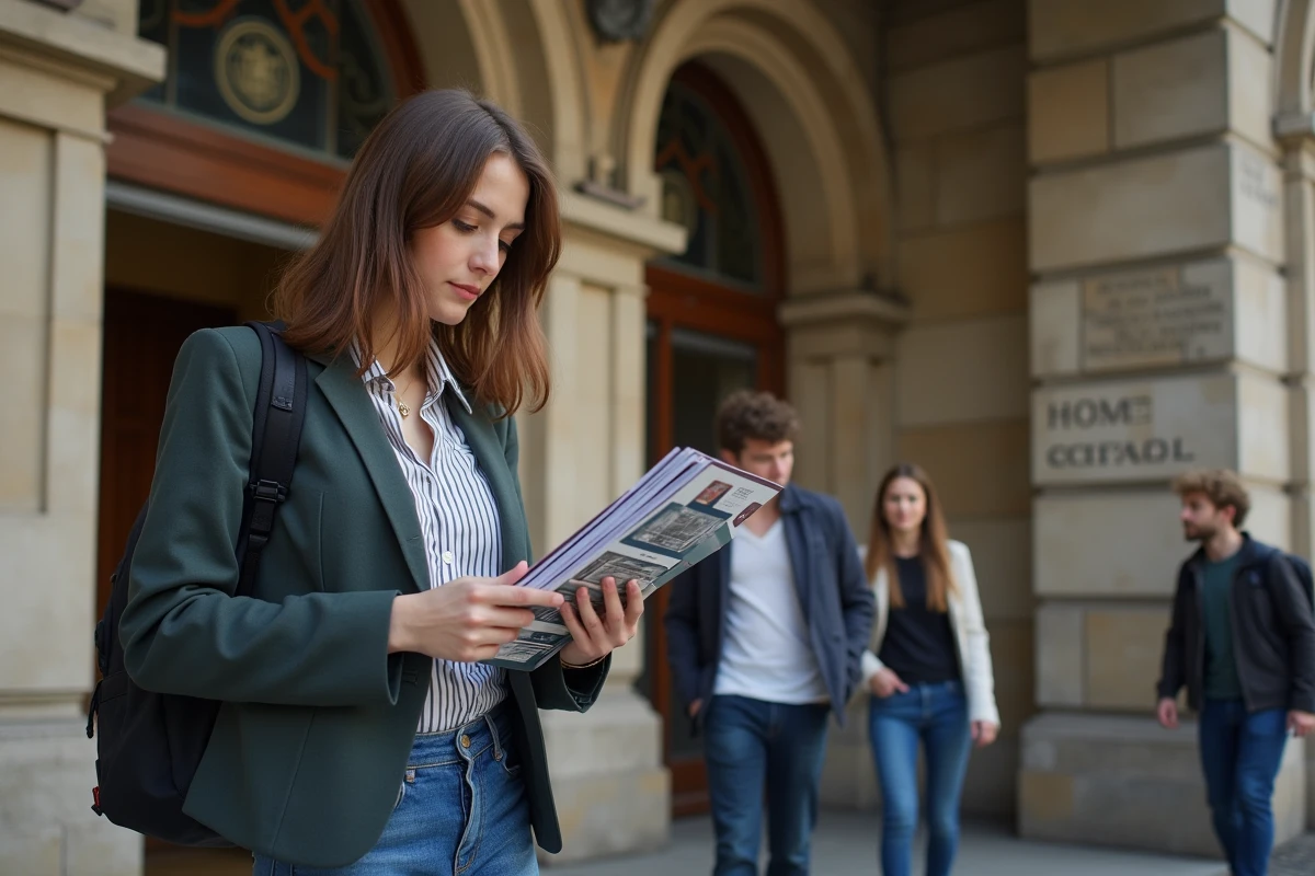 Jeune femme avec brochures devant une école de commerce historique