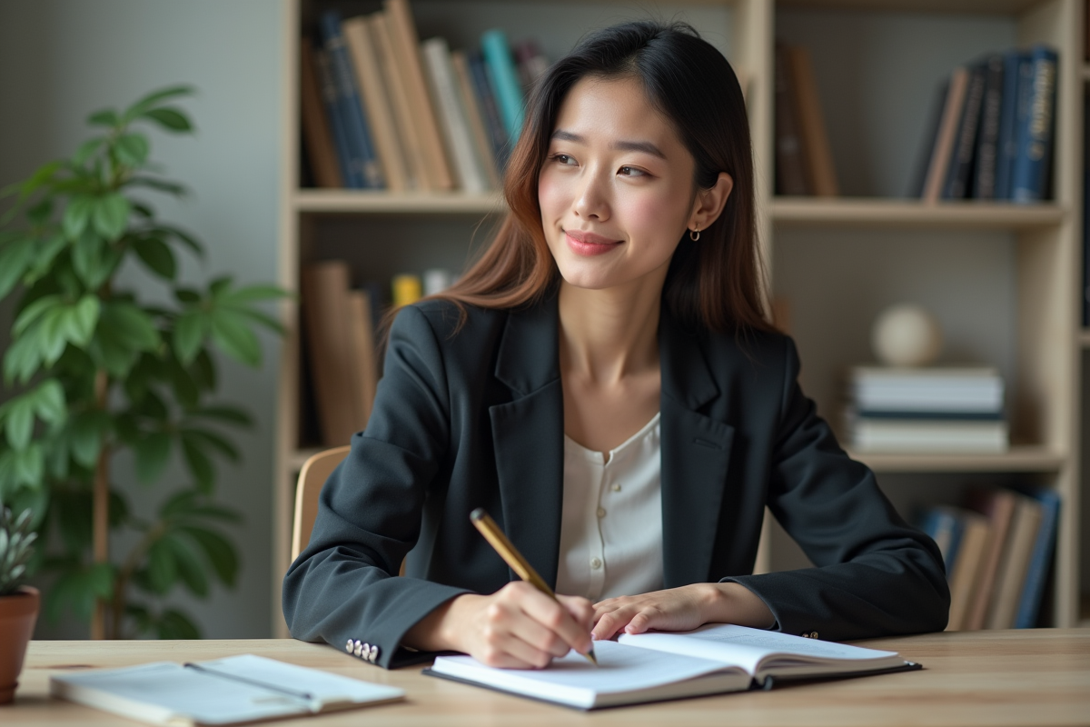 Jeune femme professionnelle écrivant des points clés au bureau