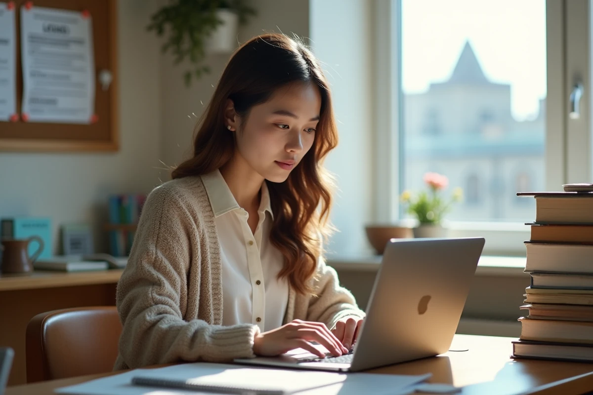 Jeune femme étudiant en ligne dans son dortoir