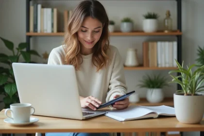 Jeune femme assise à un bureau lumineux avec ordinateur et calculatrice