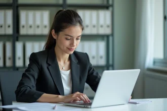 Jeune femme en bureau moderne travaillant sur un ordinateur