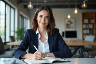 Jeune femme en bureau à Paris prenant des notes