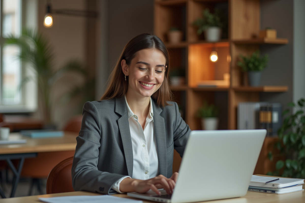 Jeune femme professionnelle souriante à son bureau