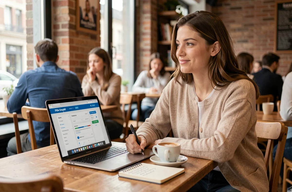 Jeune femme consultant une fiche métier Pôle Emploi sur son ordinateur portable dans un café pour préparer sa reconversion professionnelle
