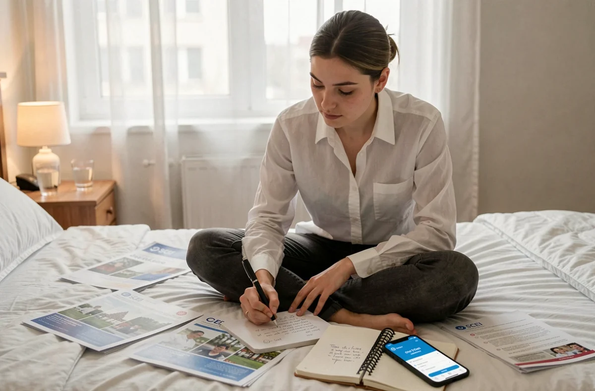Jeune femme vérifiant les étapes de son inscription SCEI 2026 sur smartphone avec checklist manuscrite