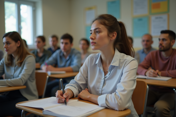 Jeune femme en classe prenant des notes lors d'un cours