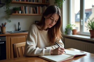 Jeune femme écrivant dans un carnet dans un appartement parisien